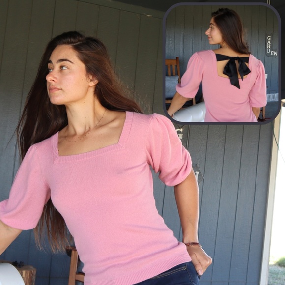 Cozure Sweaters - Cashmere Puff Sleeve Top Square Neck, Pink Cashmere Sweater w Silk Bow S,M,L,XL
